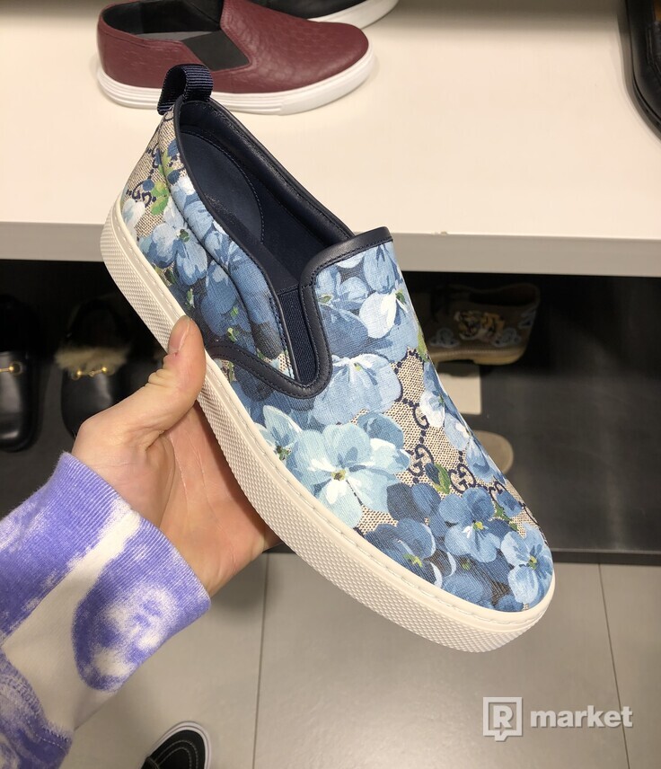 Gucci Supreme Gg Canvas Bloom Print Blue Flower Slip On Sneakers