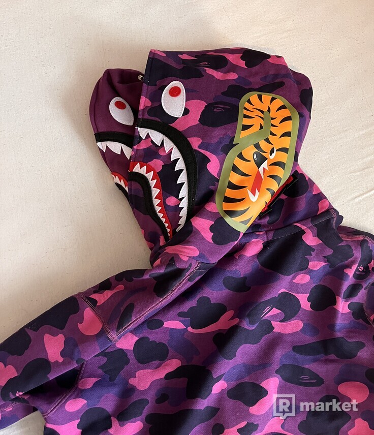 BAPE Color Camo Tiger Shark Wide Full Zip Double Hoodie (SS22) Purple