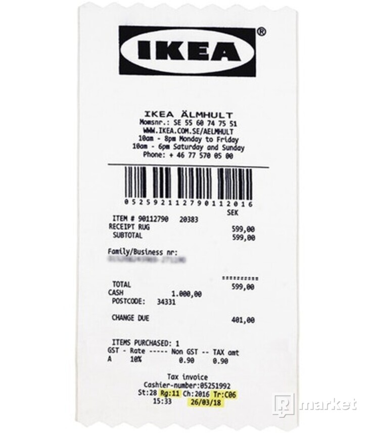 Virgil Abloh x IKEA MARKERAD "RECEIPT" Rug 201x89 CM White/Black
