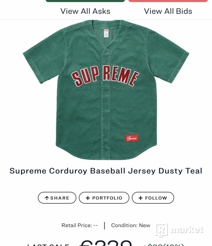 SUPREME Corduroy Baseball Jersey  Dusty Teal