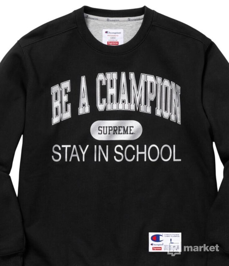Supreme x Champion Stay in School Crewneck |    Black