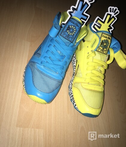 The Reebok x Keith Haring Classic Leather Mid Strap Lux Sneaker in Far Out Blue & Boldly Yellow